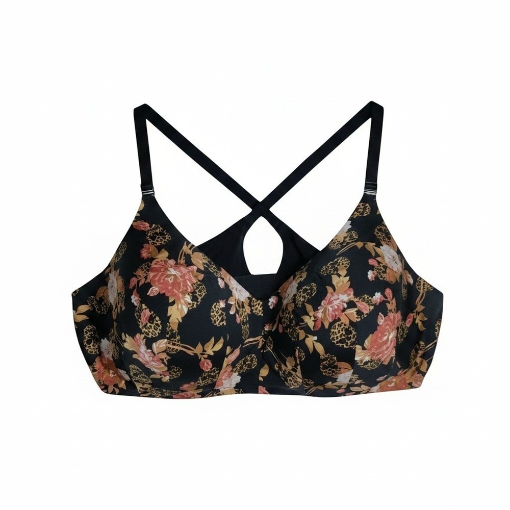 Torrid Curve Black Floral Leopard Wire-Free Lightly Lined Bra 46DD Lace Back